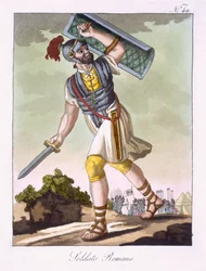 Římský pěšák, ze „Antického Říma“, vyrytý Labrousse, publikoval 1796 (barevná akvatinta)